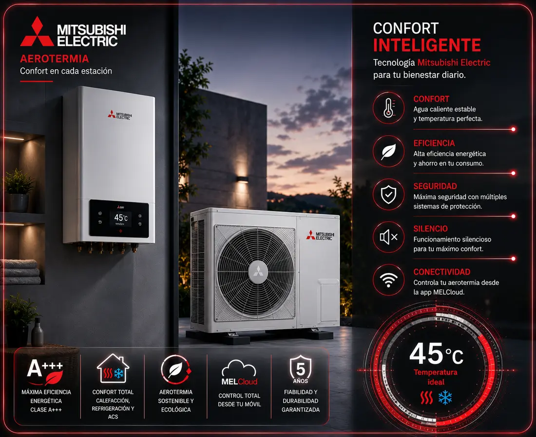 Aerotermia Mitsubishi Electric — códigos de error, averías y servicio técnico Don SAT en Madrid y Guadalajara